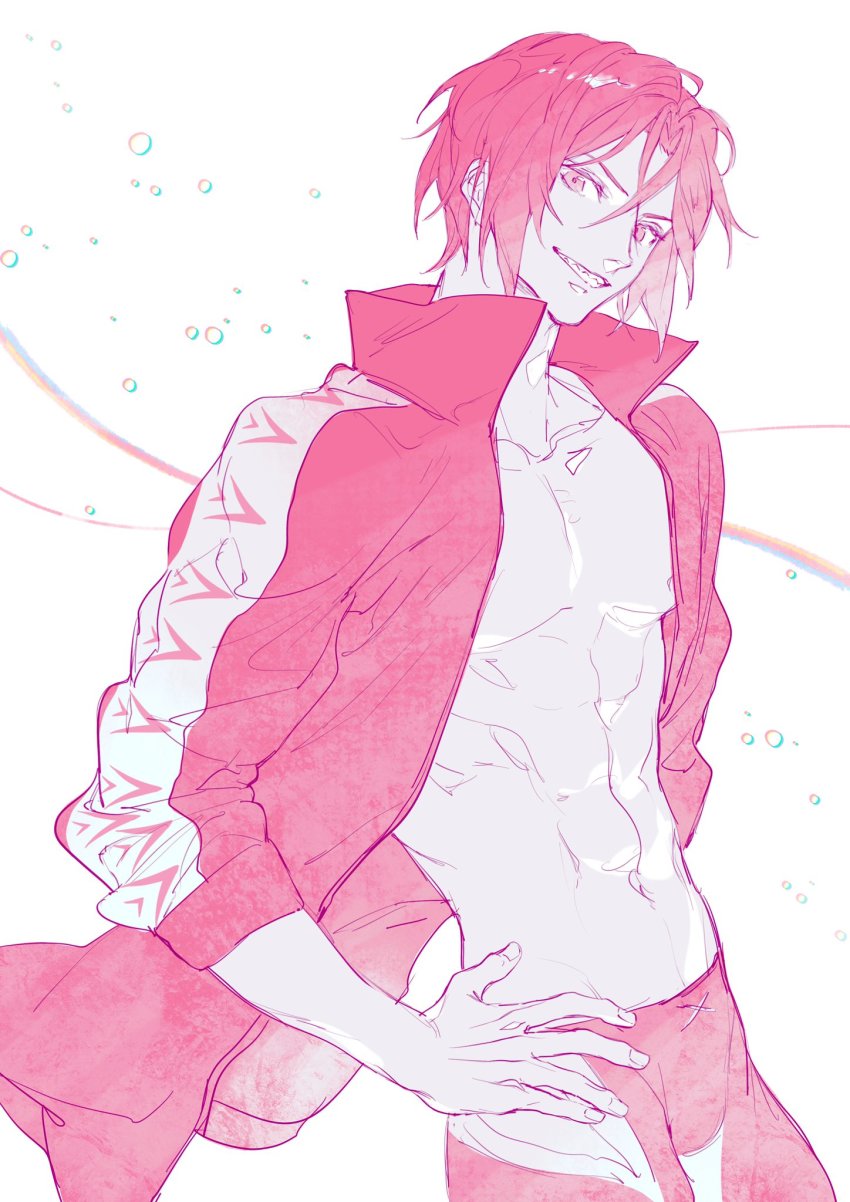 1boy abs artist_request cowboy_shot crossed_bangs free! grin hair_between_eyes hand_on_own_hip highres jacket jammers looking_at_viewer male_focus male_swimwear matsuoka_rin monochrome no_shirt open_clothes open_jacket parted_bangs pink_theme popped_collar red_theme sei_(_mo1008) sharp_teeth short_hair sleeves_rolled_up smile solo teeth toned toned_male white_background