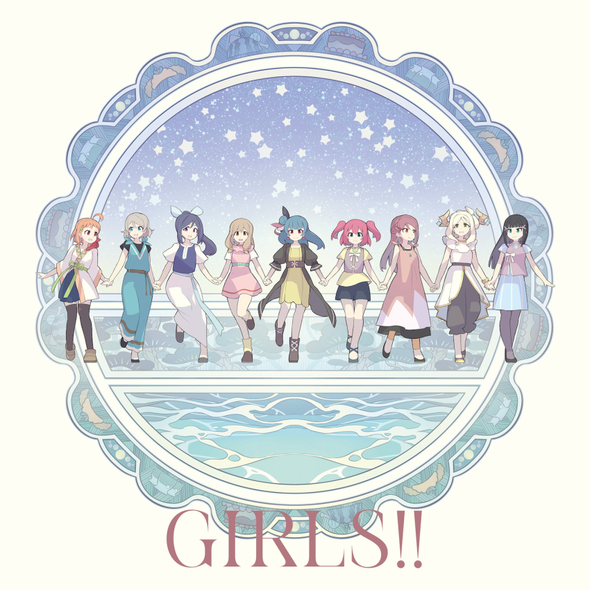 6+girls black_footwear black_hair blonde_hair blue_eyes blue_hair brown_footwear brown_hair chika_(genjitsu_no_yohane) demon_horns dia_(genjitsu_no_yohane) dress earrings genjitsu_no_yohane green_eyes green_ribbon hair_bun hair_ribbon hanamaru_(genjitsu_no_yohane) heart heart_earrings highres holding_hands horns jewelry kanan_(genjitsu_no_yohane) kunikida_hanamaru kurosawa_dia kurosawa_ruby long_hair long_skirt looking_at_viewer love_live! love_live!_sunshine!! mari_(genjitsu_no_yohane) matsuura_kanan multiple_girls official_art ohara_mari orange_hair purple_eyes red_hair ribbon riko_(genjitsu_no_yohane) ruby_(genjitsu_no_yohane) sakurauchi_riko single_side_bun skirt takami_chika tsushima_yoshiko twintails watanabe_you yohane_(genjitsu_no_yohane) you_(genjitsu_no_yohane)