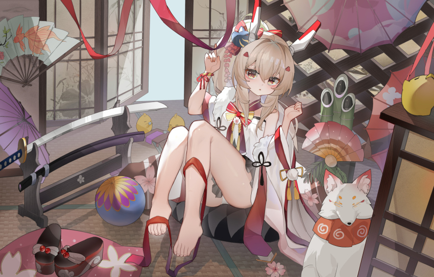 1girl absurdres ass ayanami_(azur_lane) ayanami_(pulse_of_the_new_year)_(azur_lane) azur_lane baby_animal bamboo barefoot bird bracelet chick commentary_request detached_sleeves fox_mask fox_statue fur_scarf grey_hair hair_between_eyes hair_ornament hairclip headgear highres indoors japanese_clothes jewelry katana kele_mimi long_hair long_sleeves looking_at_viewer manjuu_(azur_lane) mask mask_on_head new_year official_alternate_costume orange_eyes panties pantyshot parted_lips ponytail retrofit_(azur_lane) sandals sidelocks sitting sword tatami toes underwear weapon wide_sleeves