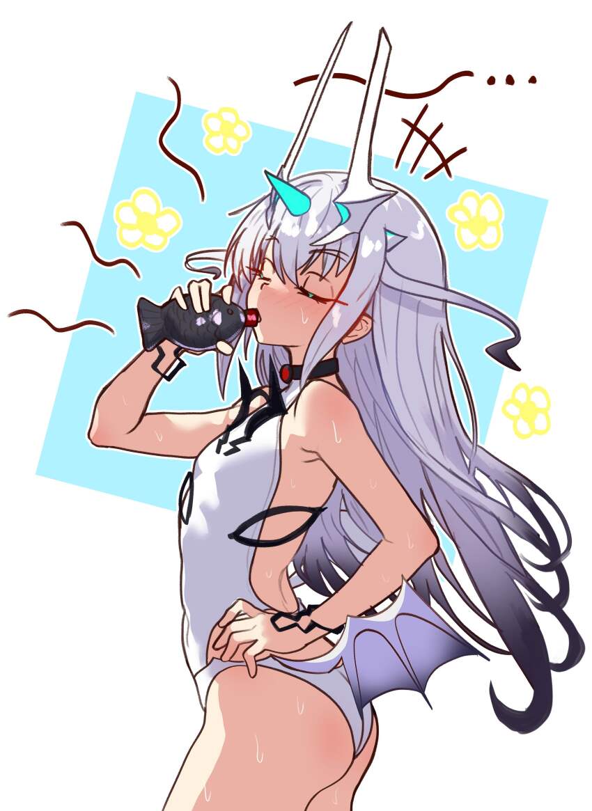 ... 1girl absurdres armpit_crease ass bad_link bare_shoulders breasts closed_eyes cowboy_shot dragon_wings drinking ebora fate/grand_order fate_(series) fish_bottle forked_eyebrows hand_on_own_hip hand_up highres horns long_hair melusine_(fate) melusine_(swimsuit_ruler)_(fate) melusine_(swimsuit_ruler)_(second_ascension)_(fate) one-piece_swimsuit sidelocks small_breasts solo sweat swimsuit thighs white_hair white_one-piece_swimsuit wings