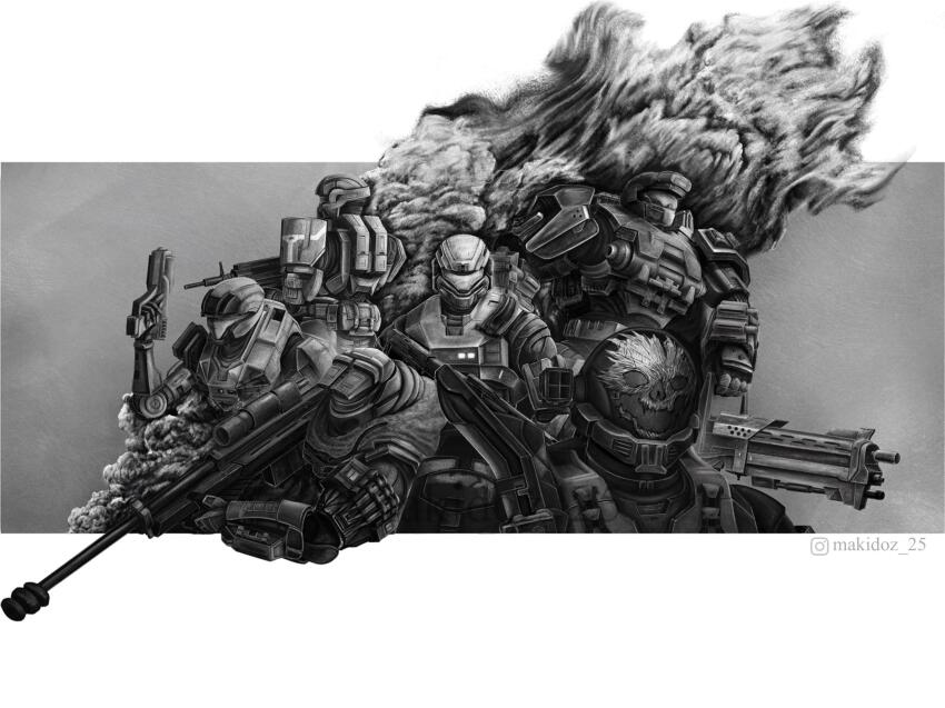 1girl 5boys armor assault_rifle assault_visor bullpup carter-a259 catherine-b320 commentary emile-a239 english_commentary fire greyscale gun halo:_reach halo_(series) handgun helmet highres holding holding_gun holding_weapon instagram_username jorge-052 jun-a266 ma5 makidoz mechanical_arms monochrome multiple_boys power_armor rifle shotgun single_mechanical_arm smoke sniper_rifle spartan-b312 weapon