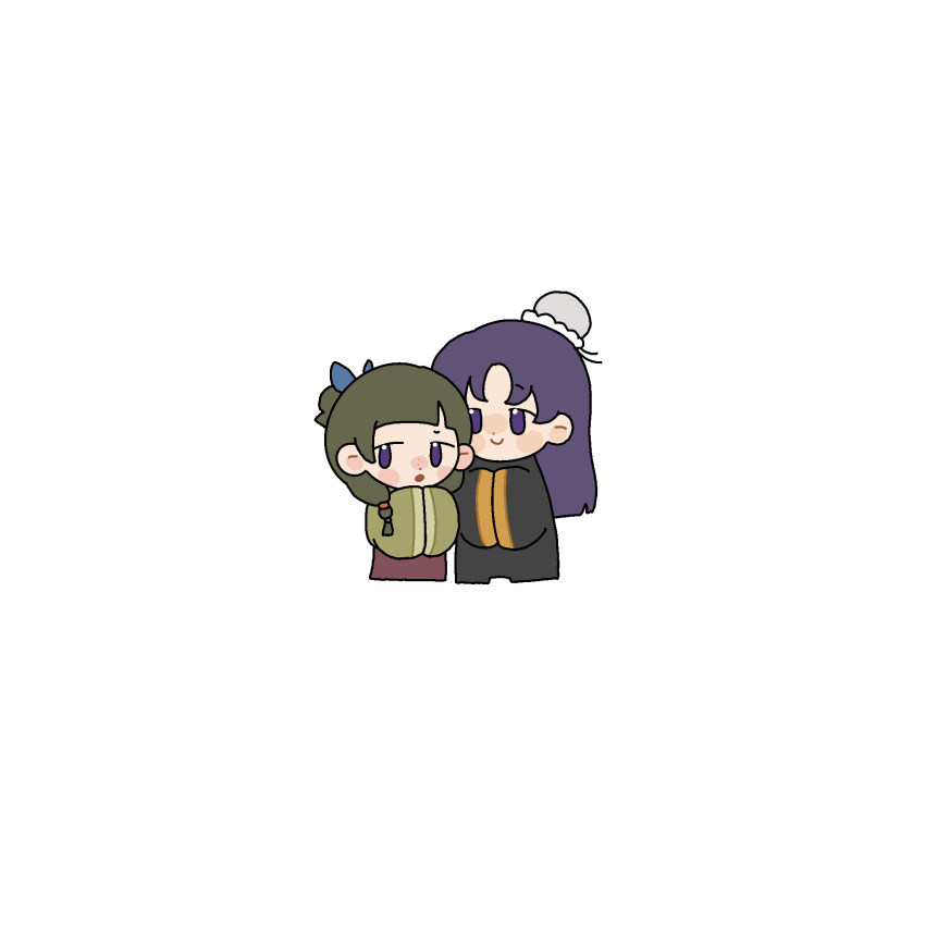 1boy 1girl back_ribbon black_hanfu blue_bow blunt_ends blush_stickers bow bun_cover chibi chinese_clothes chinese_commentary closed_mouth commentary_request dot_nose flat_color green_hair green_shirt hair_bobbles hair_bow hair_bun hair_ornament hair_over_shoulder hair_ribbon hanfu height_difference highres jinshi_(kusuriya_no_hitorigoto) kusuriya_no_hitorigoto long_hair long_skirt long_sleeves looking_at_another looking_to_the_side maomao_(kusuriya_no_hitorigoto) mari_sleep open_mouth parted_bangs purple_eyes purple_hair red_skirt ribbon shirt simple_background single_hair_bun skirt sleeves_past_fingers sleeves_past_wrists smile standing straight_hair very_long_hair white_background wide_sleeves