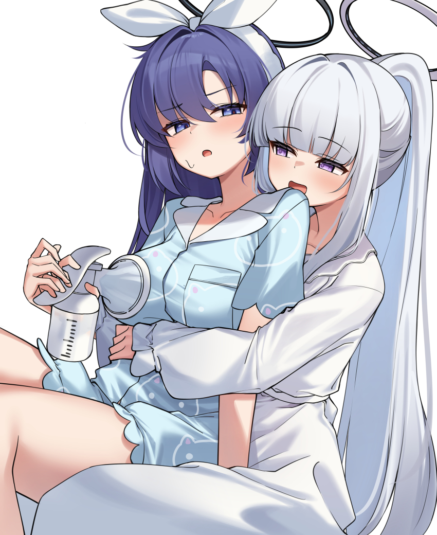 2girls absurdres black_halo blue_archive blue_eyes blue_hair blue_pajamas breasts commentary_request grey_hair hairband halo highres hug hug_from_behind korean_commentary long_hair looking_at_another mechanical_halo medium_breasts multiple_girls noa_(blue_archive) noa_(pajamas)_(blue_archive) official_alternate_costume open_mouth pajamas ponytail purple_eyes simple_background sitting smile thighs white_background white_hairband white_halo white_pajamas yuri yuuka_(blue_archive) yuuka_(pajamas)_(blue_archive) ziro_(zirorong)