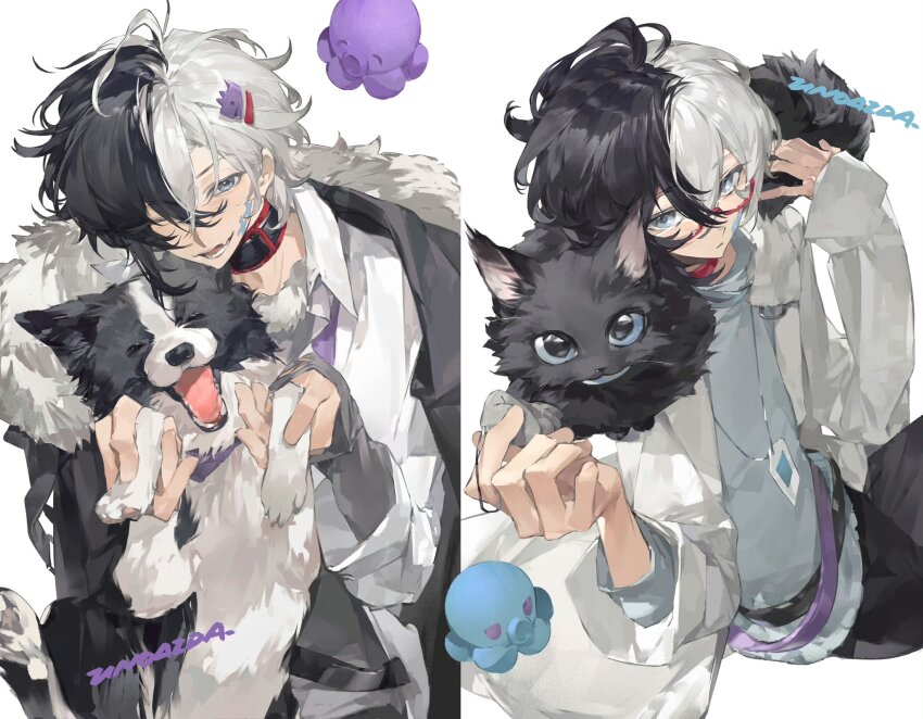 2boys :/ ;d animal animal_on_shoulder belt belt_collar black_belt black_cat black_coat black_collar black_hair black_pants blue_eyes blue_sweater border_collie borrowed_character cat cat_on_shoulder charm_(object) closed_mouth coat collar collared_jacket cowboy_shot cowlick crossed_bangs dog facial_mark fang fur-trimmed_coat fur-trimmed_shirt fur_trim grey_shirt hair_between_eyes hair_ornament hairclip highres holding holding_animal holding_charm id_card jacket lanyard long_sleeves looking_at_viewer multicolored_hair multiple_boys na_unoaida necktie one_eye_closed open_clothes open_jacket open_mouth original pants purple_belt purple_necktie shirt sitting skin_fang sleeves_past_wrists smile split-color_hair split_screen stuffed_animal stuffed_octopus stuffed_toy sweater turtleneck turtleneck_sweater two-tone_hair upturned_eyes white_background white_hair white_jacket yao_mujing yao_muxuan