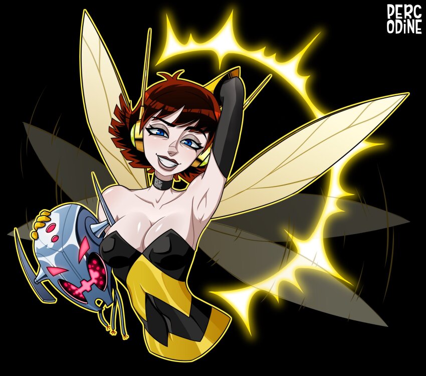 1girl arm_up armpits artist_name avengers_(series) black_background black_choker black_shirt black_sleeves blue_eyes breasts brown_hair choker cleavage detached_sleeves gloves highres insect_wings janet_van_dyne looking_at_viewer marvel medium_breasts percodine robot shirt short_hair simple_background solo strapless strapless_shirt the_avengers:_earth&#039;s_mightiest_heroes! two-tone_shirt ultron upper_body wasp_(marvel) wings yellow_gloves yellow_shirt