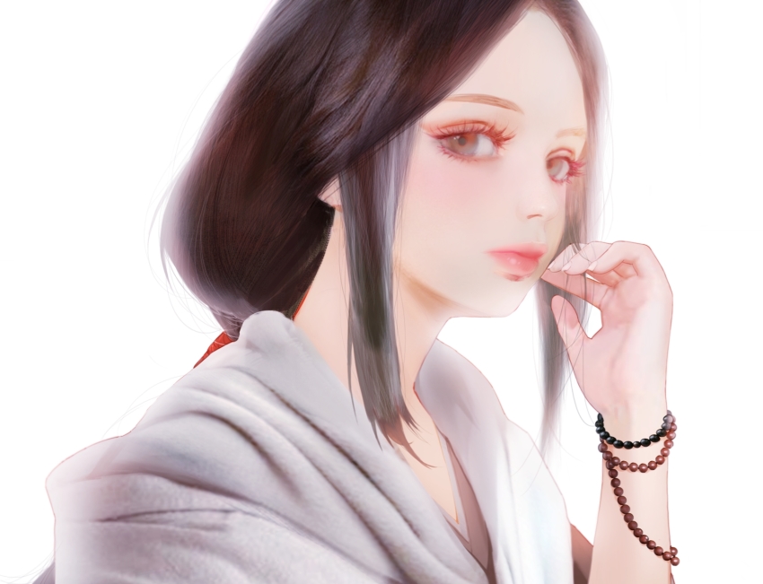 1girl artist_request bead_bracelet beads black_hair bracelet brown_eyes closed_mouth divine_child_of_rejuvenation expressionless eyelashes female_focus hand_in_own_hair hand_up highres japanese_clothes jewelry kimono layered_clothes layered_kimono lips long_hair looking_at_viewer pink_lips realistic sekiro:_shadows_die_twice sidelocks simple_background solo source_request upper_body white_background