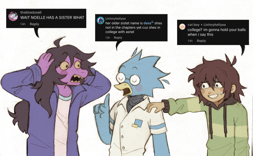 1boy 1girl 1other beak berdly_(deltarune) bird_boy brown_hair closed_eyes collared_shirt colored_sclera commentary deltarune english_commentary english_text furry furry_female furry_male glasses green_hoodie grimace hand_on_another&#039;s_shoulder hands_on_own_head highres hood hoodie index_finger_raised jacket kris_(deltarune) long_hair medium_hair purple_jacket round_eyewear shirt short_hair striped_clothes striped_hoodie susie_(deltarune) szivarvanyturmix02 tiktok white_shirt yellow_sclera