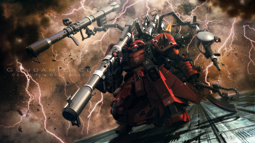 3d artist_name axe english_text gun gundam gundam_thunderbolt highres machine_gun mecha mecha_focus no_humans robot rocket_launcher s.hasegawa space thunder weapon zaku zaku_ii zaku_ii_(reuse_p_device)