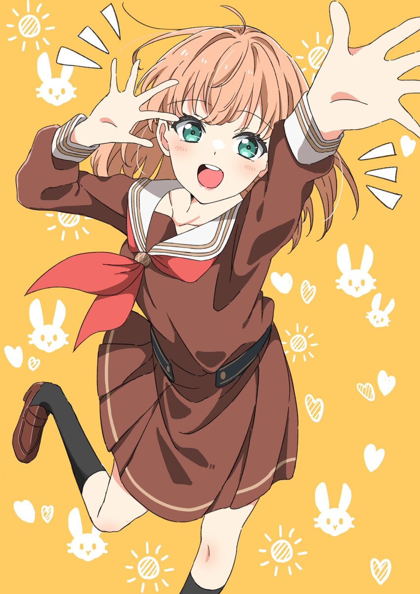 1girl :d bien_(djpwjd1) black_socks blush brown_dress brown_shoes commentary_request dress green_eyes hasu_no_sora_school_uniform heart highres hinoshita_kaho link!_like!_love_live! loafers looking_at_viewer love_live! medium_hair neckerchief open_mouth orange_background orange_hair rabbit_symbol reaching red_neckerchief sailor_collar school_uniform shoes smile socks solo sun_symbol white_sailor_collar