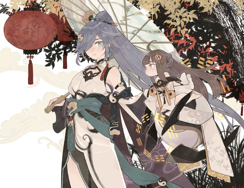 2girls bare_shoulders black_hair blue_eyes book_of_fuxi brown_hair chibi china_dress chinese_clothes closed_mouth dress fu_hua fu_hua_(azure_empyrea) hair_ornament hair_over_one_eye holding holding_umbrella honkai_(series) honkai_impact_3rd lantern long_hair long_sleeves mogomaco multiple_girls oil-paper_umbrella ponytail umbrella white_dress yin_yang
