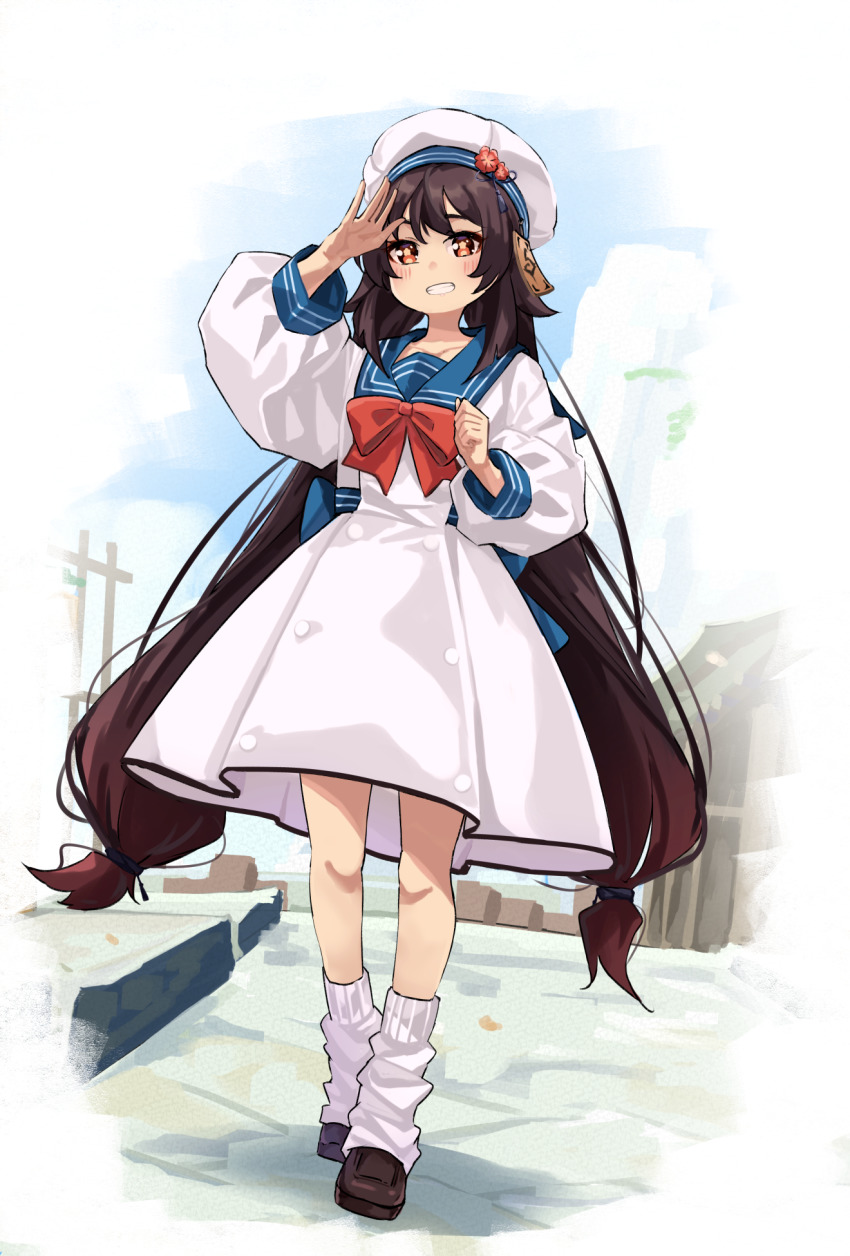 1girl 53c_(ray_cordova) arm_up beret black_hair blue_sailor_collar blush bow brown_shoes commentary dress english_commentary eyebrows_hidden_by_hair flower-shaped_pupils full_body genshin_impact grin hat highres hu_tao_(genshin_impact) loafers long_hair long_sleeves looking_at_viewer loose_socks low_twintails puffy_long_sleeves puffy_sleeves red_bow red_eyes sailor_collar sailor_dress shoes smile socks solo standing symbol-shaped_pupils twintails very_long_hair white_dress white_hat white_socks