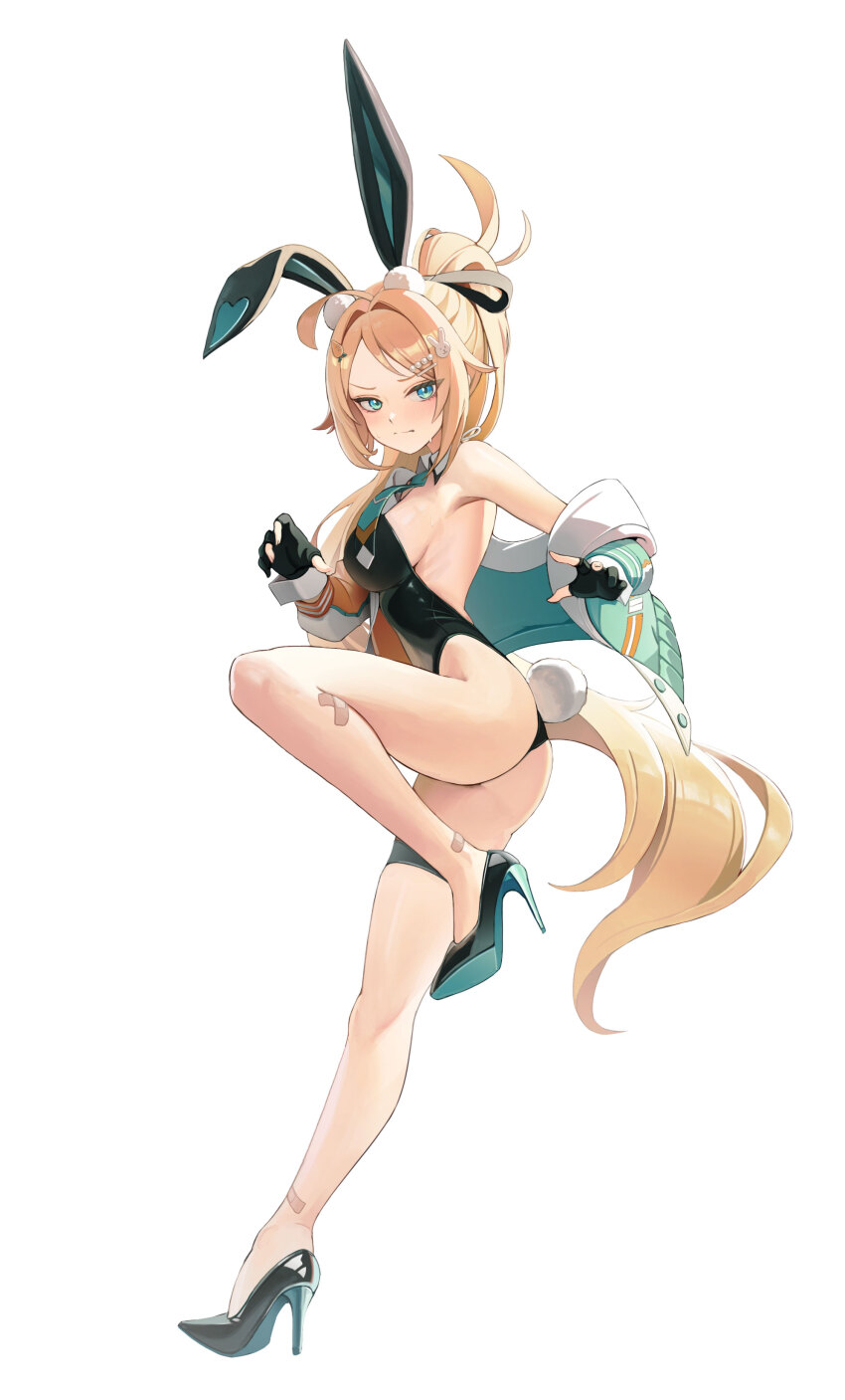 1girl absurdres animal_ears ass bandaid bandaid_on_leg black_footwear black_gloves black_leotard black_survival blonde_hair blue_eyes blush breasts carrot_hair_ornament commentary crossed_bandaids eternal_return:_black_survival fake_animal_ears fake_tail food-themed_hair_ornament gloves hair_ornament hallo_(rltkdydrltk) high_heels highleg highleg_leotard highres jacket leotard looking_at_viewer medium_breasts multicolored_jacket nicky_blake nicky_blake_(bad_beat) open_clothes open_jacket partially_fingerless_gloves playboy_bunny ponytail rabbit_ears rabbit_tail sideboob simple_background solo standing standing_on_one_leg strapless strapless_leotard tail thighs white_background white_wrist_cuffs wrist_cuffs