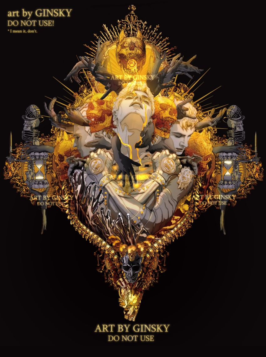 1boy absurdres armor bird black_background bowler_hat closed_eyes colored_skin crossed_arms crying dead_man&#039;s_questions diamond_wa_kudakenai disembodied_hand english_text flower ginsky2000 gold gold_armor grey_skin hat highres hourglass hug jojo_no_kimyou_na_bouken kawajiri_kosaku killer_queen kira_yoshikage multicolored_hair multiple_boys multiple_heads multiple_others multiple_persona short_hair skeleton skull stand_(jojo) statue two-tone_hair