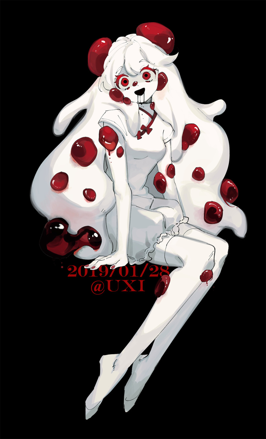 1girl asphyxia17 barefoot black_background black_liquid bloomers body_horror chinese_clothes collared_shirt colored_eyelashes colored_skin commentary_request crazy_eyes dated extra_eyes full_body highres liquid_from_mouth long_hair looking_at_viewer open_mouth original red_eyes shirt short_sleeves sitting smile solo twitter_username underwear white_bloomers white_hair white_shirt white_skin