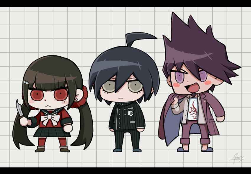 1girl 2boys ahoge black_hair black_jacket blunt_bangs blush bow bowtie brown_eyes brown_hair buttons chibi chibi_only collared_jacket commentary_request danganronpa_(series) danganronpa_v3:_killing_harmony facial_hair gaba33 goatee grid_background hair_between_eyes hair_ornament hair_scrunchie harukawa_maki highres holding holding_knife jacket knife long_hair long_sleeves looking_at_viewer low_twintails mole mole_under_eye momota_kaito multiple_boys open_mouth pants parody pleated_skirt purple_eyes purple_facial_hair purple_hair red_eyes red_scrunchie red_shirt red_thighhighs saihara_shuichi sailor_collar school_uniform scrunchie shirt short_hair skirt smile spiked_hair standing striped_clothes striped_jacket style_parody thighhighs twintails vertical-striped_sleeves white_bow white_bowtie