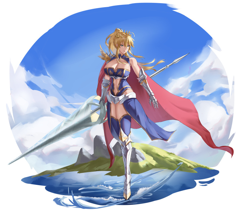 1girl absurdres artoria_pendragon_(fate) artoria_pendragon_(lancer)_(fate) blonde_hair blue_gloves blue_leotard blue_thighhighs braid braided_bun breasts cape cleavage crown fate/grand_order fate_(series) freed_turing french_braid fur-trimmed_cape fur_trim gloves hair_bun heattech_leotard highleg highleg_leotard highres lance large_breasts leotard polearm rhongomyniad_(fate) sidelocks sleeveless sleeveless_turtleneck sleeveless_turtleneck_leotard thighhighs turtleneck weapon