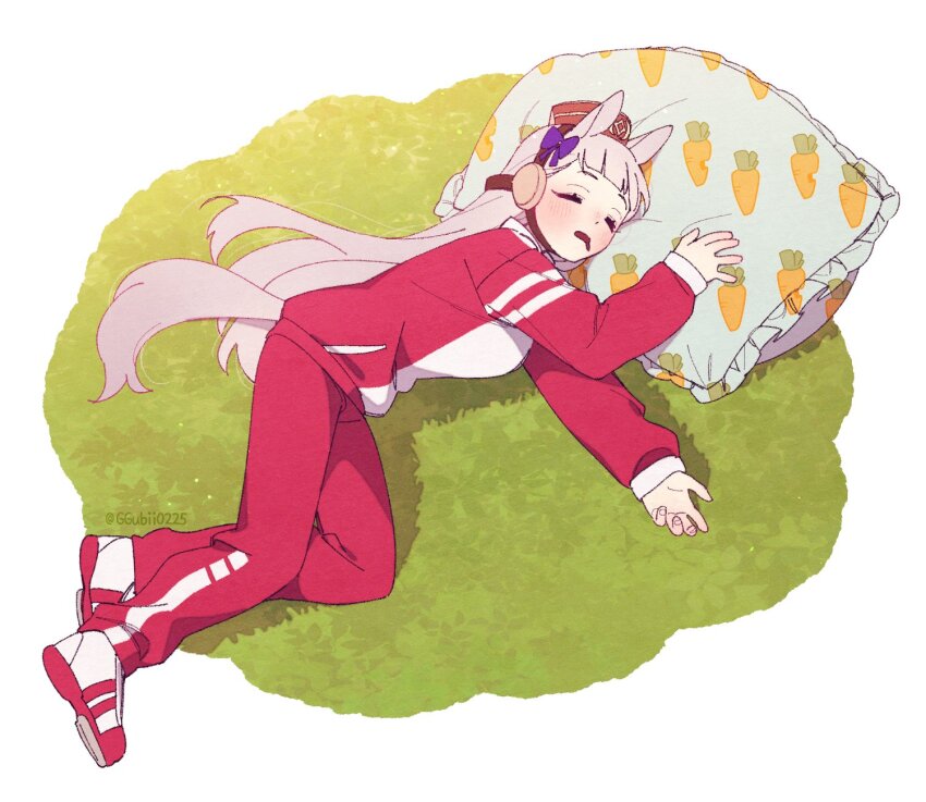 2girls animal_ears bow brown_headwear commentary_request ear_ribbon ggubii0225 gold_ship_(umamusume) grey_hair gym_uniform highres horse_ears horse_girl horse_tail horseshoe_ornament jacket korean_commentary long_hair lying multiple_girls on_side pants pillbox_hat pillow red_jacket red_pants red_track_suit sleeping tail tracen_training_uniform track_jacket track_pants track_suit twitter_username umamusume umamusume_(anime) yogibo