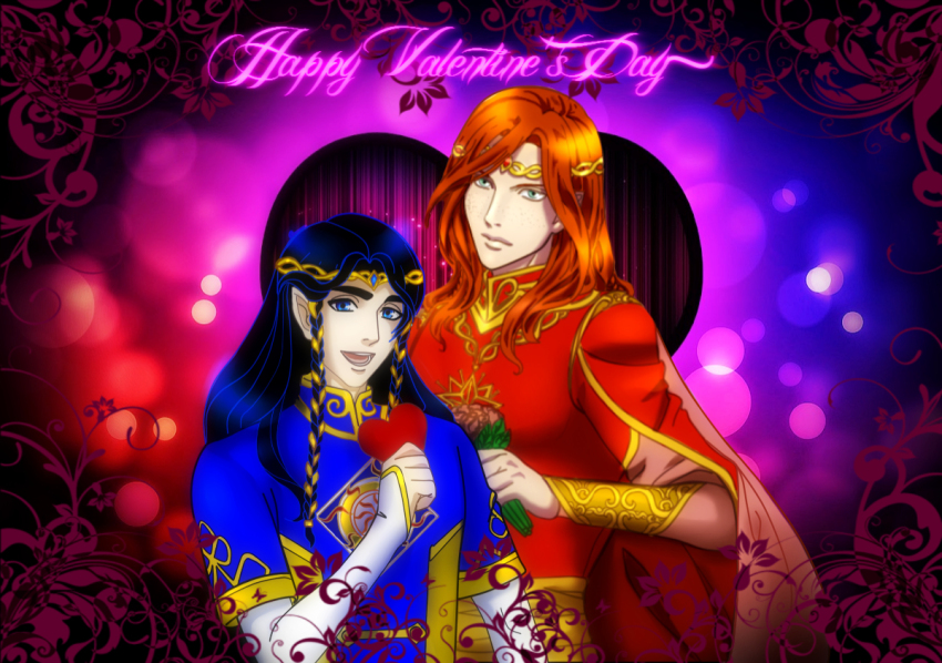 2boys black_hair blue_eyes blue_hair braid cinemairon closed_mouth collar cousins elf english_text fingon happy_valentine heart height_difference long_hair looking_at_viewer maedhros male_focus multiple_boys open_mouth orange_hair pointy_ears prince teeth the_silmarillion tolkien&#039;s_legendarium tongue twin_braids valentine yaoi