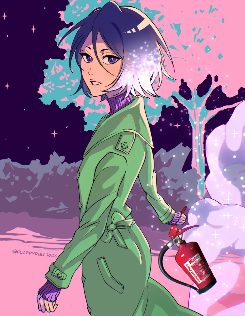 1girl absurdres black_hair bleach bleach:_sennen_kessen-hen coat commentary cowboy_shot english_commentary eyelashes fire_extinguisher floppydisk7000 green_coat hair_between_eyes highres kuchiki_rukia long_sleeves looking_at_viewer night nose open_mouth outdoors purple_eyes short_eyebrows short_hair smile snow solo standing steam tree twitter_username