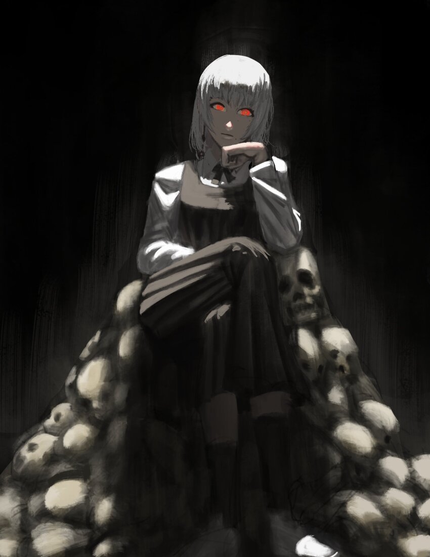 1girl black_dress black_socks chainsaw_man crossed_legs dress fami_(chainsaw_man) fourth_east_high_school_uniform highres kneehighs pile_of_skulls pinafore_dress red_eyes school_uniform shirt sitting sleeveless sleeveless_dress socks solo titann white_hair white_shirt