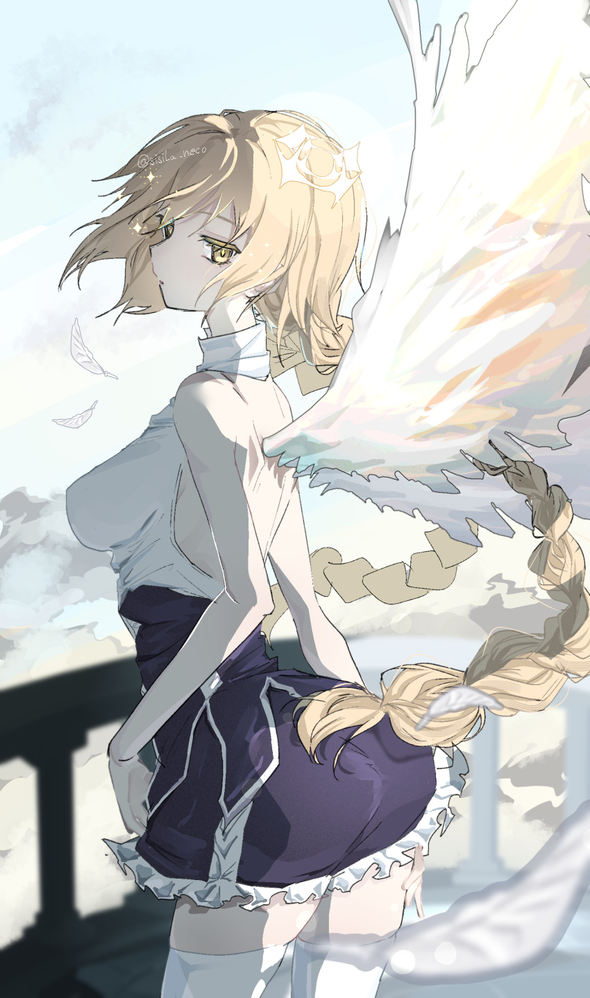 1girl absurdres angel_wings ass back backless_outfit backless_shirt blonde_hair braid breasts commentary_request expressionless fate/grand_order fate_(series) feathered_wings feathers floating_hair highres jeanne_d&#039;arc_(fate) long_hair looking_at_viewer medium_breasts metatron_jeanne_(fate) metatron_jeanne_(first_ascension)_(fate) purple_skirt shirt simple_background sisila_neco skirt solo twin_braids twitter_username very_long_hair white_background white_shirt white_wings wings yellow_eyes