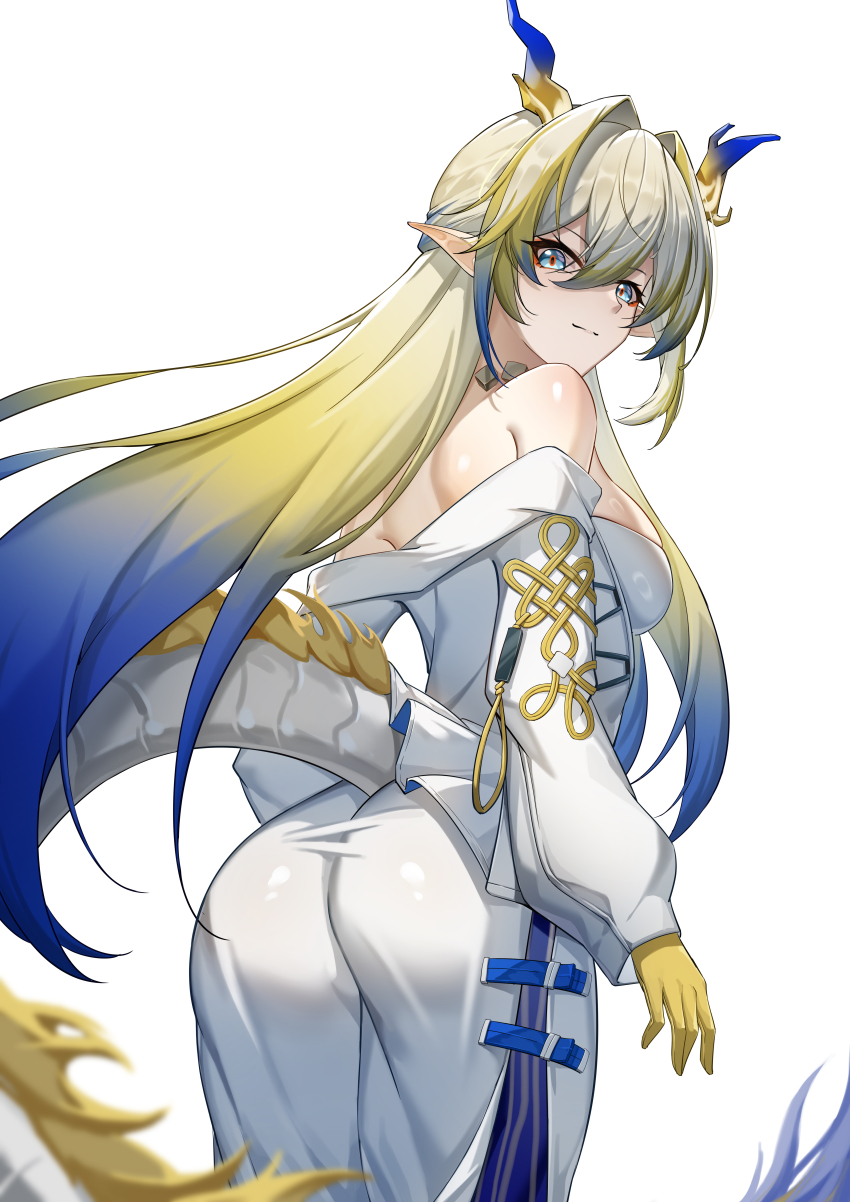 1girl absurdres arknights ass bare_shoulders blonde_hair blue_eyes blue_hair blue_horns breasts check_clothing closed_mouth clothing_request commentary dai_mao_xuan_yi dragon_girl dragon_horns dragon_tail gradient_hair gradient_horns hair_between_eyes hair_intakes highres horns jacket leaning_forward long_sleeves multicolored_hair multicolored_horns pants pointy_ears shu_(arknights) sidelocks simple_background smile solo tail white_background white_jacket white_pants yellow_hands yellow_horns