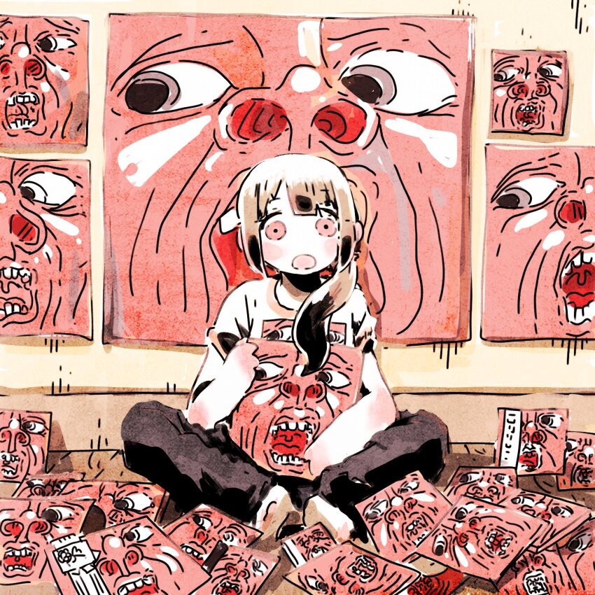 1girl :o bad_id bad_twitter_id black_pants blunt_bangs blush brown_hair butterfly_sitting cd_case commentary_request full_body highres holding holding_record_jacket in_the_court_of_the_crimson_king indoors king_crimson long_hair looking_at_viewer looking_to_the_side messy_room nostrils open_mouth original pants record_jacket red_eyes red_theme shirt short_sleeves sitting solo sotoma_tomori t-shirt teeth uvula white_shirt wooden_floor