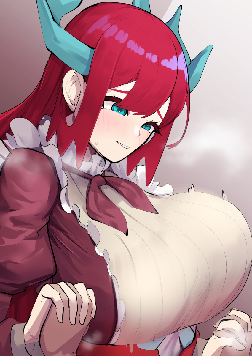 1girl absurdres blue_eyes blue_horns blush bouncing_breasts breasts brown_background brown_dress cotan_(actancyaga) dragon_horns dress duel_monster gradient_background highres holding_hands horns implied_sex interlocked_fingers kitchen_dragonmaid large_breasts maid red_hair solo_focus upper_body yu-gi-oh!