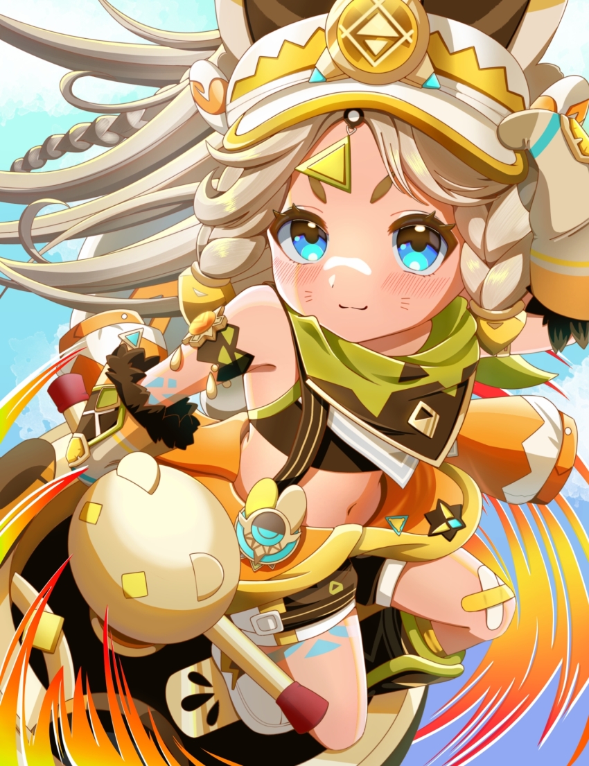 1girl bandana bandana_around_neck bare_shoulders blue_eyes blush brown_mittens closed_mouth clothes_around_waist commentary_request crop_top full_body fur-trimmed_mittens fur_trim genshin_impact geo_symbol_(genshin_impact) green_bandana highres jacket jacket_around_waist kachina_(genshin_impact) light_brown_hair long_hair looking_at_viewer midriff mittens mugen_kinisii navel orange_jacket orange_mittens orange_visor smile solo vision_(genshin_impact) white_footwear