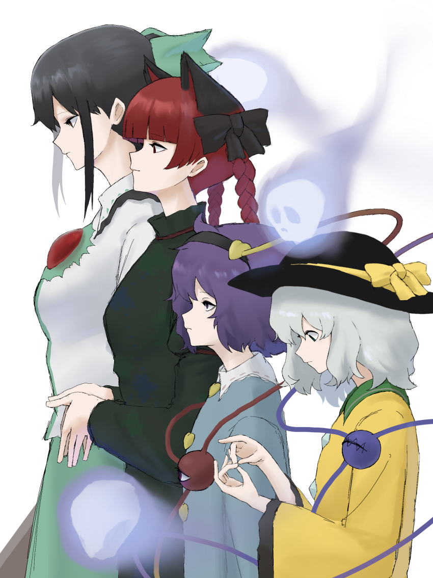 4girls absurdres animal_ears black_hair black_ribbon blue_shirt bow braid cat_ears cat_girl dress expressionless extra_ears from_side green_bow green_dress green_hair green_skirt hair_ribbon hat height_difference highres kaenbyou_rin komeiji_koishi komeiji_satori light_smile long_hair long_sleeves medium_hair mori_dobonua_(mordvna) multiple_girls own_hands_together purple_hair red_hair reiuji_utsuho ribbon shirt skirt spirit third_eye touhou twin_braids white_background white_shirt yellow_shirt