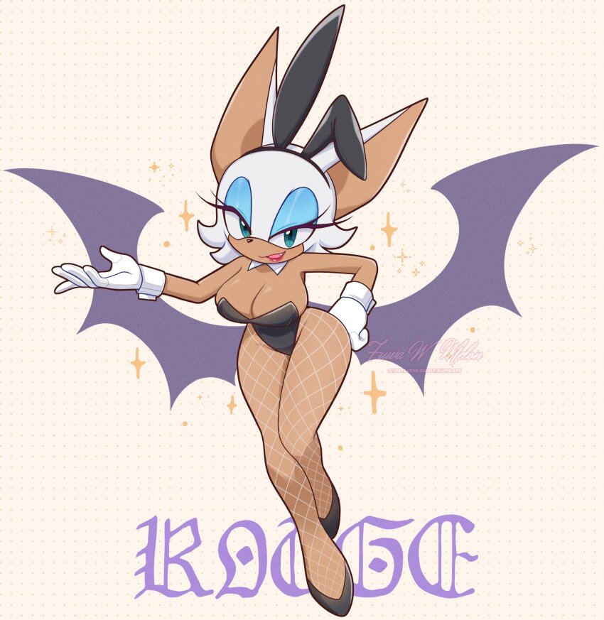 1girl absurdres alternate_costume animal_ears animal_nose bat_ears bat_girl bat_wings black_leotard blue_eyeshadow breasts character_name cleavage detached_collar eyeshadow fake_animal_ears fishnet_pantyhose fishnets furry furry_female fuwawmelon gloves green_eyes highleg highleg_leotard highres leotard looking_at_viewer makeup open_mouth pantyhose playboy_bunny rabbit_ears rouge_the_bat solo sonic_(series) strapless strapless_leotard white_fur white_gloves white_hair wings wrist_cuffs