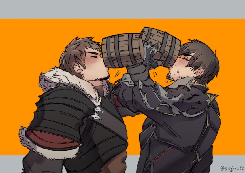 2boys adventurer_(ff14) alcohol ardbert_hylfyst armor artist_name blush brown_hair closed_eyes commentary cup drinking drunk english_commentary facial_hair final_fantasy final_fantasy_xiv fur_trim highres holding holding_cup jiao_bei_jiu locked_arms male_focus multiple_boys short_hair symbol-only_commentary tankard twitter_username warrior_of_light_(ff14) zestyrxiv