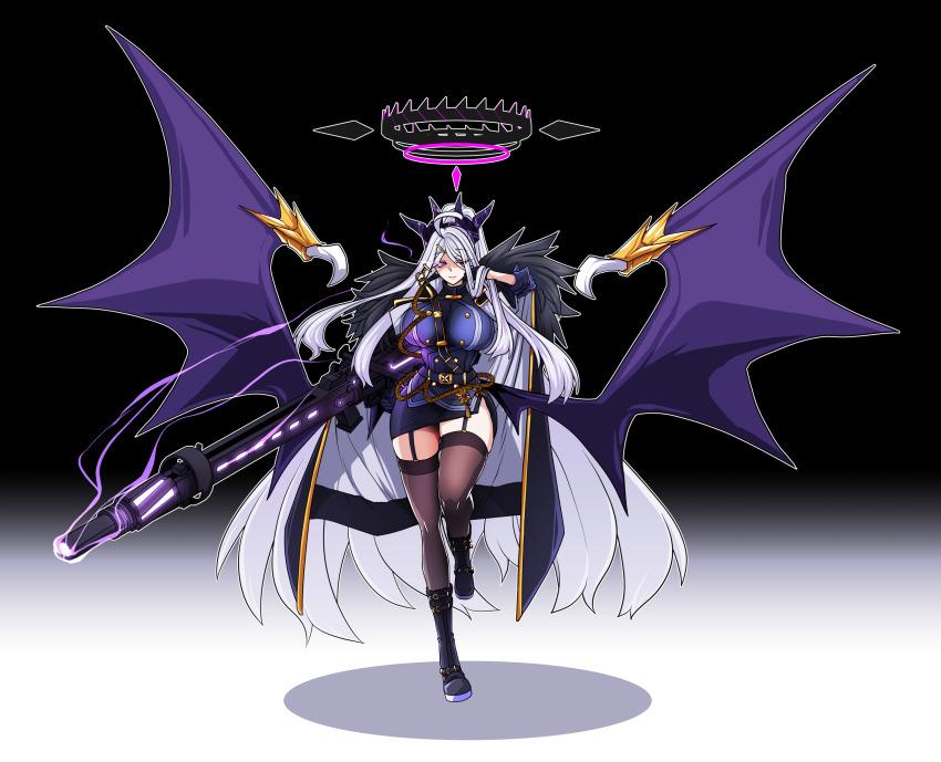 1girl absurdres aged_up ahoge aiguillette black_background black_gloves black_halo black_horns blue_archive breasts brown_thighhighs clawed_wings closed_mouth coat coat_on_shoulders commentary_request demon_girl demon_horns demon_wings energy_cannon epaulettes eye_trail full_body garter_straps gloves glowing glowing_weapon gradient_background gun hair_ornament hairclip half-closed_eye halo highres hina_(blue_archive) holding holding_gun holding_weapon horns huge_breasts huge_weapon korean_commentary lazy_ant leg_up light_trail long_hair long_legs low_wings machine_gun mg42 multiple_horns one_eye_closed oversized_wings parted_bangs purple_eyes purple_garter_straps purple_shirt purple_skirt purple_wings shadow shirt skirt solo standing thighhighs very_long_hair weapon white_background white_hair wings