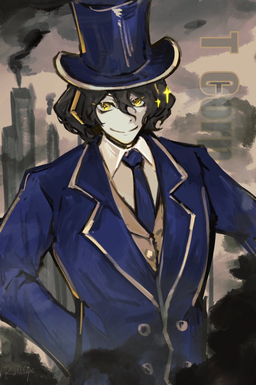 1boy absurdres black_hair blue_hat blue_jacket blue_necktie closed_mouth collared_shirt grey_vest hat highres hubert_(limbus_company) jacket kalliope_orc lapels limbus_company looking_at_viewer necktie notched_lapels project_moon shirt smile smoke solo top_hat upper_body vest white_shirt yellow_eyes