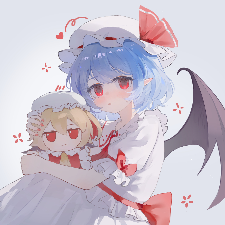 1girl absurdres bat_wings bow censored character_doll doll frilled_hat frilled_sleeves frills fumo_(doll) hat hat_ribbon heart highres holding holding_doll mob_cap mosaic_censoring parted_lips pointy_ears puffy_short_sleeves puffy_sleeves purple_hair red_bow red_eyes red_ribbon remilia_scarlet ribbon shirt short_hair short_sleeves skirt solo sweatdrop touhou waist_bow white_hat white_shirt white_skirt wings yuuneka