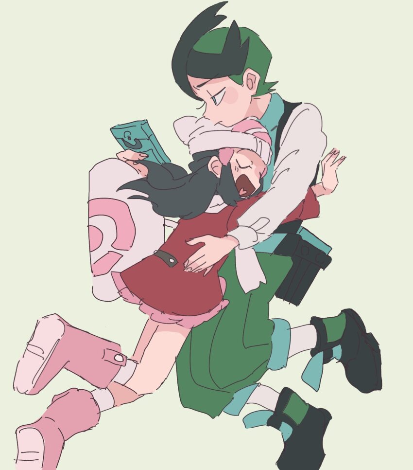 1boy 1girl :d beanie black_footwear black_hair black_shirt boots closed_eyes coat dawn_(pokemon) frown green_background green_hair green_necktie green_pants hat highres hug light_blush long_hair multicolored_clothes multicolored_hair necktie nintendo open_mouth pants pink_bag pink_boots pink_coat pink_skirt pokemon pokemon_dppt pokemon_platinum shirt short_hair skirt smile socks thorton_(pokemon) two-tone_hair white_shirt white_socks yusho_(ossm03)