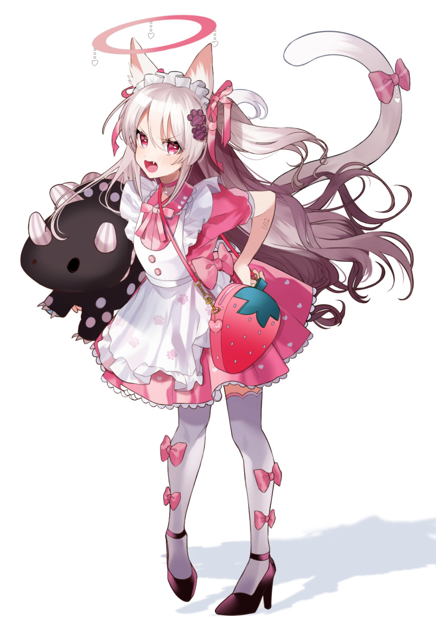 1girl angry animal_ears apron bag black_shoes bow carrying carrying_under_arm cat_ears cat_girl cat_tail dress fang food-themed_bag frilled_skirt frills frown full_body hair_bow hair_ribbon halo hand_on_own_hip heart heart_print high_heels highres long_hair looking_at_viewer maid maid_apron maid_headdress open_mouth original paw_hair_ornament paw_print paw_print_pattern pigeon-toed pink_bow pink_dress pink_skirt pleated_skirt pomu_(pomu_me) red_eyes revision ribbon shoes short_sleeves simple_background skirt solo standing strawberry_bag stuffed_animal stuffed_toy tail tail_bow tail_ornament tail_raised thighhighs two_side_up v-shaped_eyebrows very_long_hair wavy_hair white_background white_thighhighs