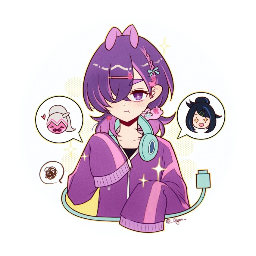 2girls alynn610 black_hair blush character_hair_ornament dot_(pokemon) hair_bun hair_ornament hair_over_one_eye hairclip headphones headphones_around_neck highres jacket liko_(pokemon) medium_hair multicolored_hair multiple_girls nintendo pink_hair pokemon pokemon_(anime) pokemon_(creature) pokemon_horizons pout purple_eyes purple_hair purple_jacket sleeves_past_fingers sleeves_past_wrists tinkatink tinkatuff twitter_username two-tone_hair upper_body
