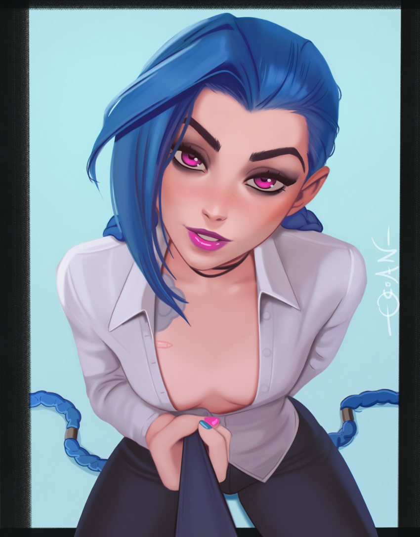 1girl asymmetrical_bangs blue_background blue_hair blue_nails braid breasts cloud_tattoo collarbone commentary english_commentary highres jinx_(league_of_legends) league_of_legends long_hair looking_at_viewer ocean_(oveanman) parted_lips partially_unbuttoned pink_eyes pink_lips pink_nails pov simple_background sitting small_breasts solo tattoo twin_braids very_long_hair