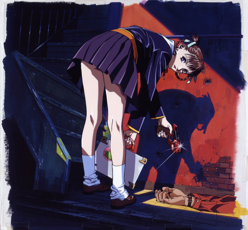 1990s_(style) 1boy 1girl a_kite absurdres bent_over black_skirt braid briefcase brown_eyes brown_hair full_body glint gun handgun highres holding holding_briefcase holding_gun holding_weapon loafers long_sleeves looking_at_viewer looking_back miniskirt non-web_source official_art pleated_skirt retro_artstyle sawa_(kite) scan shoes skirt solo_focus stairs twin_braids umetsu_yasuomi weapon