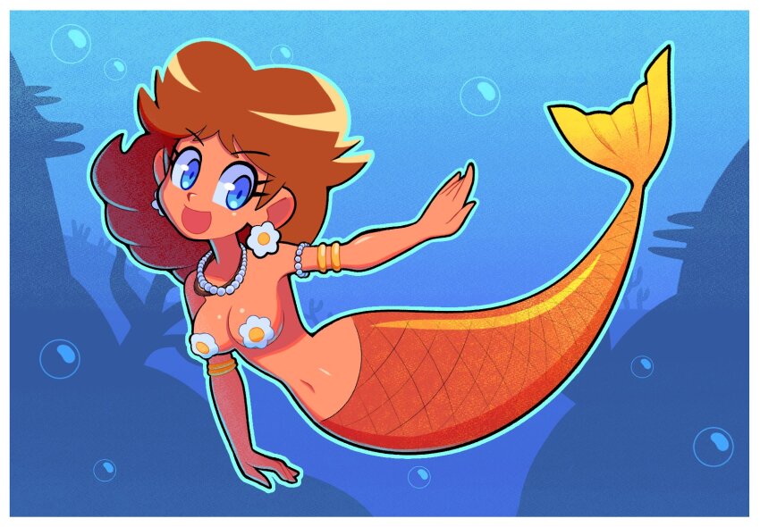 1girl air_bubble blue_eyes brown_hair bubble earrings flower_earrings galaxy_cowboy highres jewelry long_hair mario_(series) mermaid monster_girl navel necklace nintendo open_mouth princess_daisy smile topless_female underwater