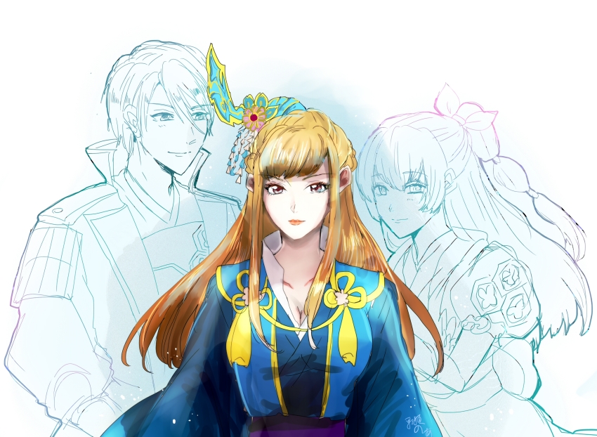 armor azai_nagamasa blonde_hair breasts brown_eyes chacha cleavage family father_and_daughter hair_ornament japanese_clothes kimono lips lipstick long_hair makeup mother_and_daughter oichi oichi_(sengoku_musou) ponytail sengoku_musou smile yukata