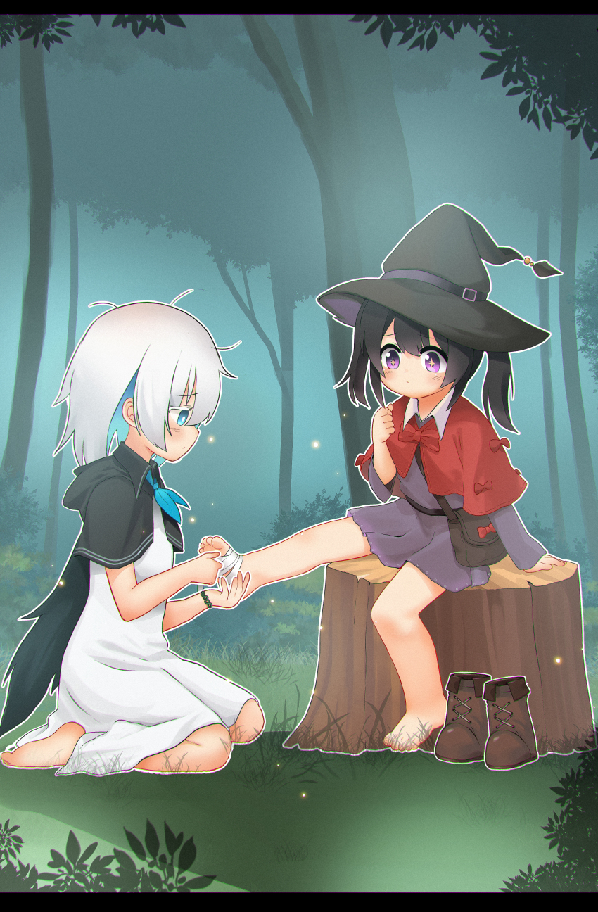 2girls absurdres bandaged_foot bandages barefoot black_hair blue_eyes boots bow bowtie feet forest hat highres holding_another&#039;s_foot kneeling kuma-bound medium_hair multiple_girls nature original purple_eyes red_bow red_bowtie ribbon sitting on_tree_stump star_(symbol) star_in_eye symbol_in_eye toes unworn_boots white_hair witch_hat
