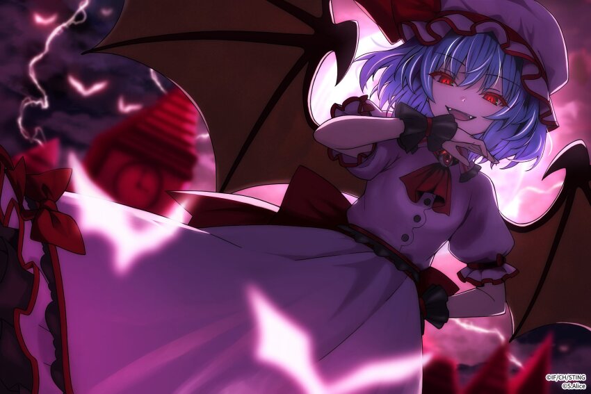 1girl bat_wings blue_hair blurry blurry_background fangs frilled_sleeves frills full_moon hat highres looking_at_viewer merihari07 mob_cap moon open_mouth red_eyes remilia_scarlet short_hair short_sleeves solo touhou touhou_spell_carnival wings
