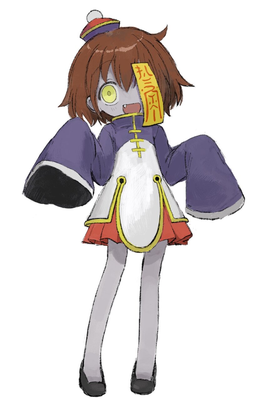 1girl alternate_costume alternate_eye_color alternate_skin_color black_footwear brown_hair chinese_clothes colored_skin fang flats full_body green_eyes grey_skin hands_up hat high_collar highres hitonatz jiangshi kill_me_baby long_sleeves looking_at_viewer mini_hat ofuda ofuda_on_head one_eye_covered open_mouth oribe_yasuna qingdai_guanmao red_skirt short_hair simple_background skirt sleeves_past_fingers sleeves_past_wrists smile solo standing tangzhuang w_arms wide-eyed