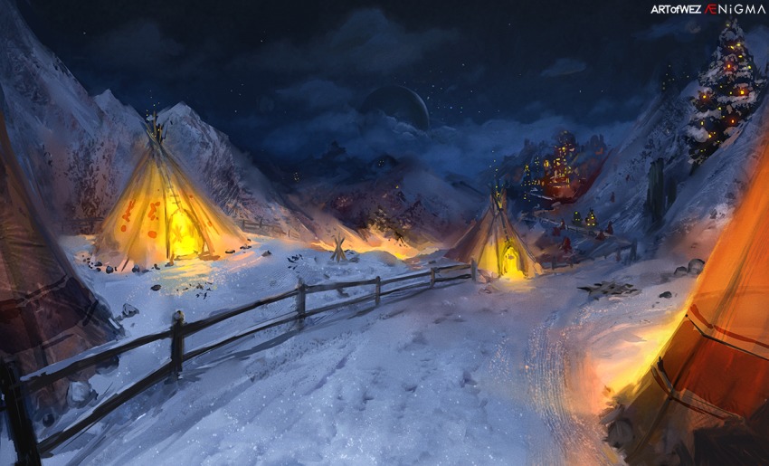 cloud fence full_moon moon mountain night no_humans original outdoors pine_tree scenery sky snow star_(sky) starry_sky teepee tent tree w-e-z watermark