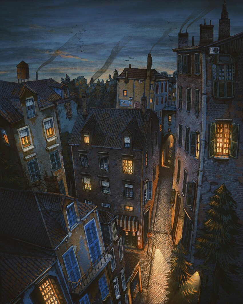 arch awning balcony blue_shorts building chimney door dormer drainpipe francisco_fonseca green_shirt highres house night night_sky no_humans open_window_shutter original pine_tree power_lines rain road_sign rooftop shirt shorts sign sky smoke tree urban vent_(object) water_tower window_blinds window_light window_shutter
