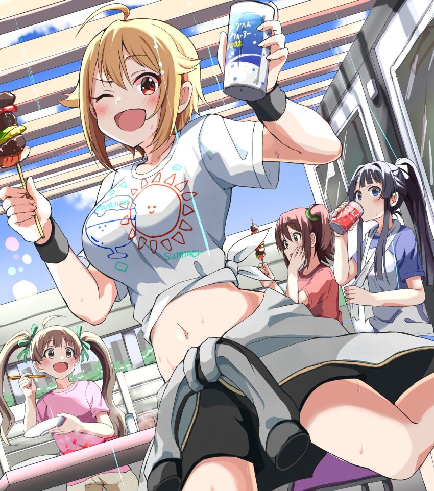 4girls ahoge apron black_hair black_shorts blonde_hair blue_eyes blue_shirt blue_sky blush bow breasts brown_eyes brown_hair brown_pants can chopsticks clothes_around_waist cloud cola collarbone commentary_request drink_can drinking food green_bow hair_bow hair_tubes hakozaki_serika hand_on_own_face hand_up hands_up happy haruki_(haruki678) highres holding holding_can holding_chopsticks holding_food holding_plate ibuki_tsubasa idolmaster idolmaster_million_live! jacket jacket_around_waist kasuga_mirai large_breasts long_hair looking_at_food looking_at_viewer medium_hair midriff mogami_shizuka multiple_girls navel one_eye_closed one_side_up open_mouth outdoors pants plate ponytail print_shirt raised_eyebrows red_eyes red_shirt running shirt shish_kebab short_hair short_sleeves shorts single_hair_tube sky smile soda_can standing strawberry_pop_moon_(idolmaster) sweat sweatdrop t-shirt tied_shirt twintails white_apron white_jacket white_shirt
