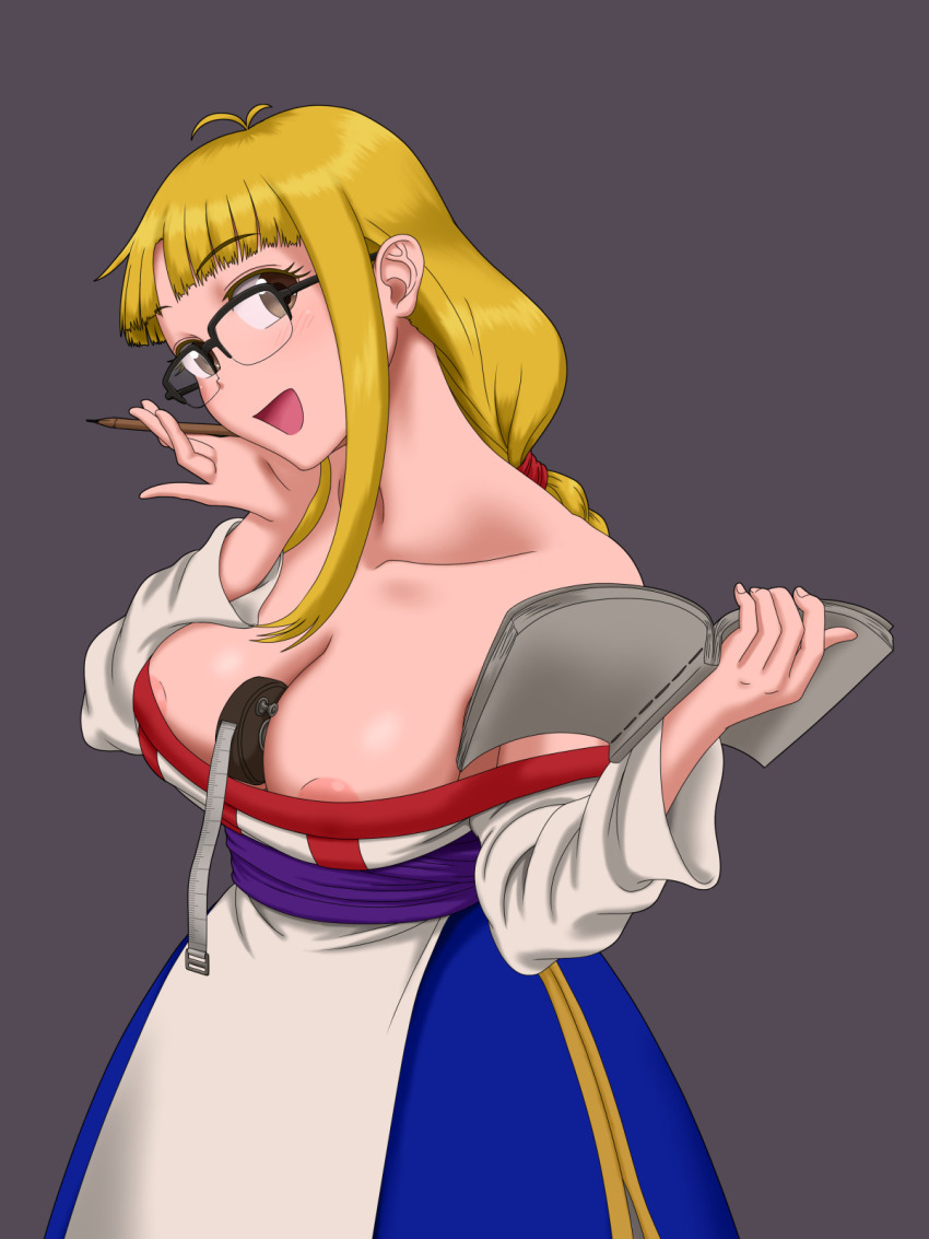 1girl ahoge arc_the_lad areola_slip between_breasts blonde_hair book braid braided_ponytail breasts brown_eyes cleavage collarbone dress female_focus glasses grey_background highres holding holding_book holding_pencil large_breasts lieza_(arc_the_lad) long_hair looking_at_viewer nonohito open_book open_mouth pencil smile solo standing tape_measure
