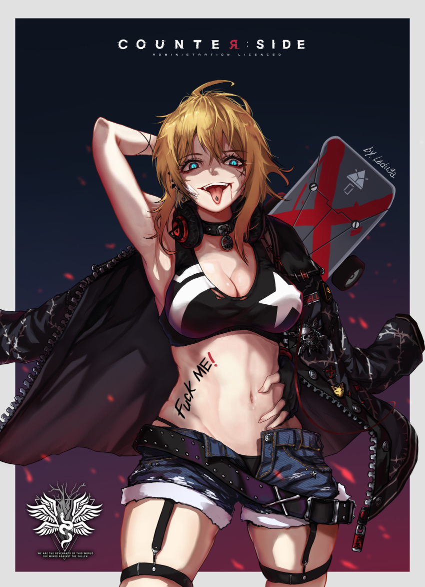 1girl :d ahoge amy_strickland arm_behind_head arm_up artist_name bandaid bandaid_on_cheek bandaid_on_face black_collar black_gloves black_jacket black_panties black_sports_bra blonde_hair blood blood_from_mouth blood_on_face blue_eyes body_writing breasts cleavage collar collarbone commentary copyright_name counter:side cowboy_shot denim denim_shorts ear_piercing fingerless_gloves garter_straps gloves groin hair_between_eyes hand_on_own_hip headphones headphones_around_neck highleg highleg_panties highres jacket jacket_on_shoulders laduga large_breasts leg_belt looking_at_viewer midriff navel open_clothes open_mouth open_shorts panties piercing profanity scar scar_on_face short_hair_with_long_locks short_shorts shorts single_bare_shoulder skindentation smile solo spoilers sports_bra standing star_(symbol) star_print teeth tongue tongue_out tongue_piercing underwear upper_teeth_only zipper zipper_pull_tab